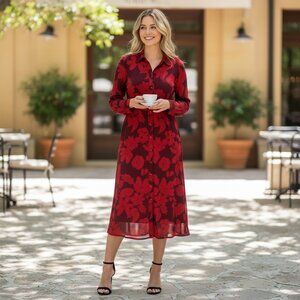CAbi Shirt Dress - Red and Burgundy Floral, Button Down, Long Sleeve Shirt Dress